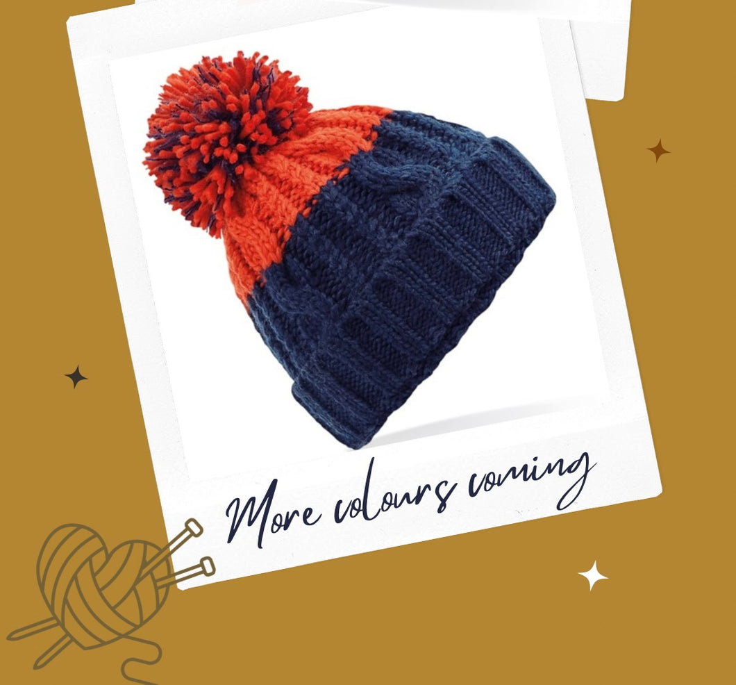 Chunky Knit Hat ~ Navy & Orange